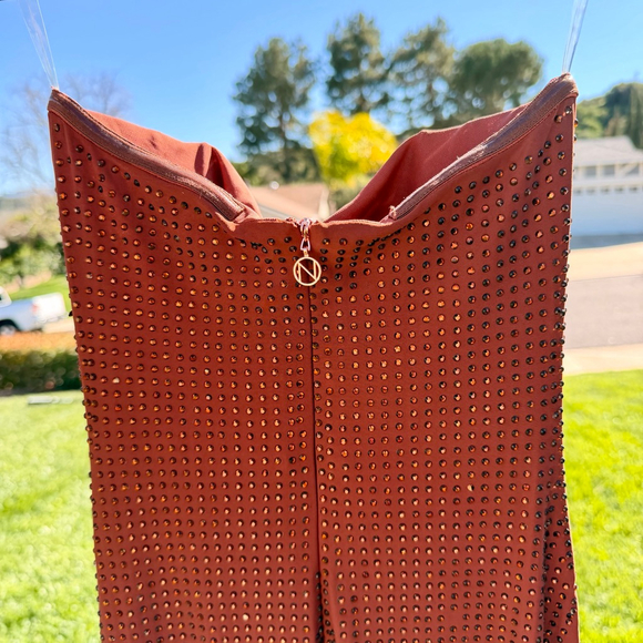 Nookie Adriana Midi Dress Brown Rhinestone Strapless Jersey Bodycon Size XS NWT - Picture 5 of 7